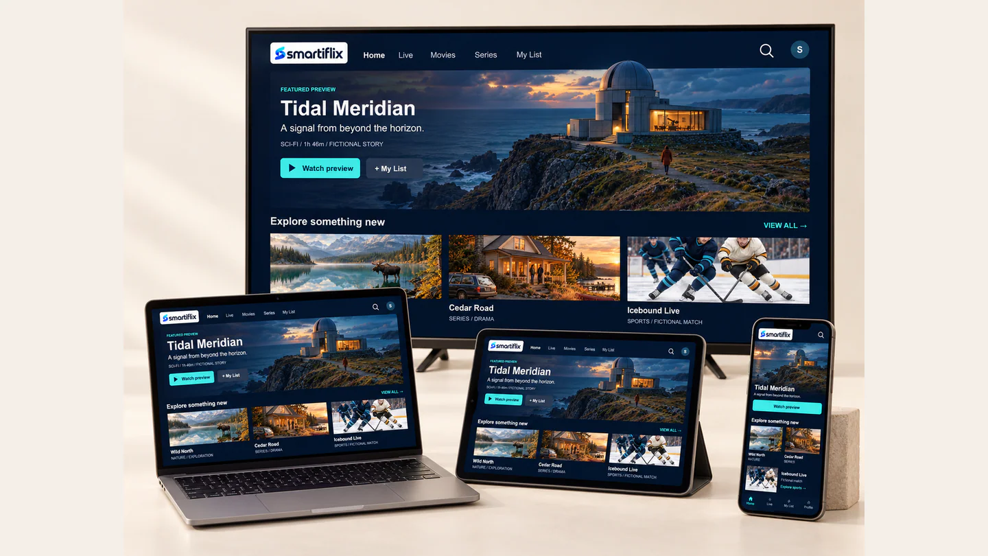 A television, laptop, tablet and phone displaying fictional Smartiflix interfaces.