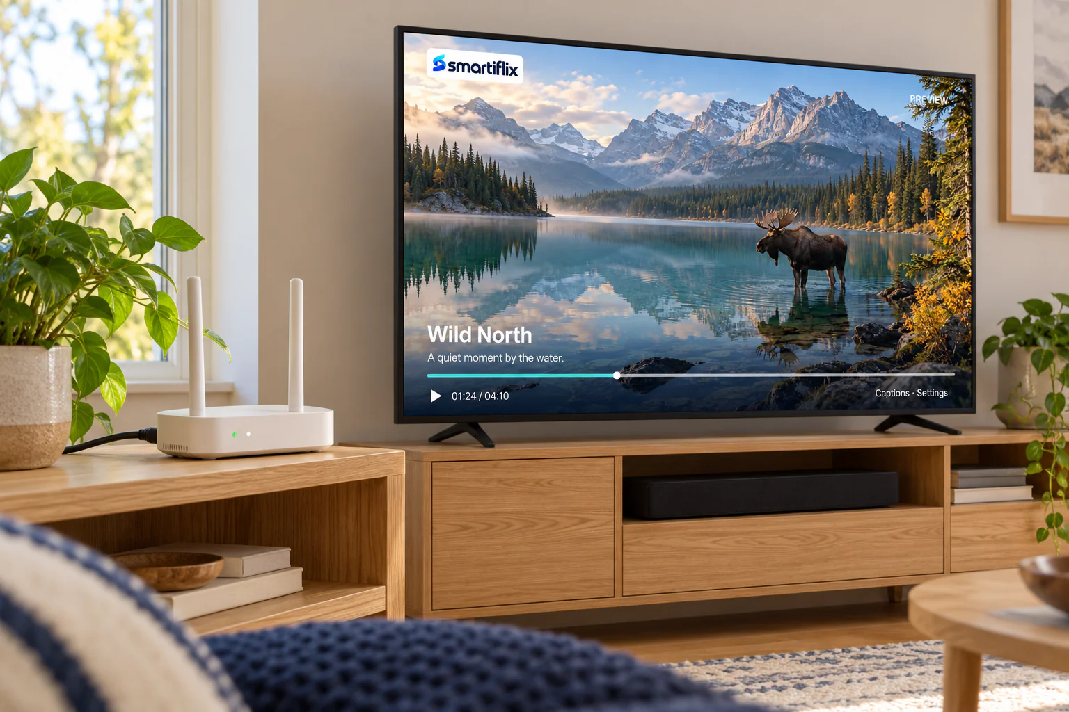 A home router beside a television showing the Smartiflix nature preview.