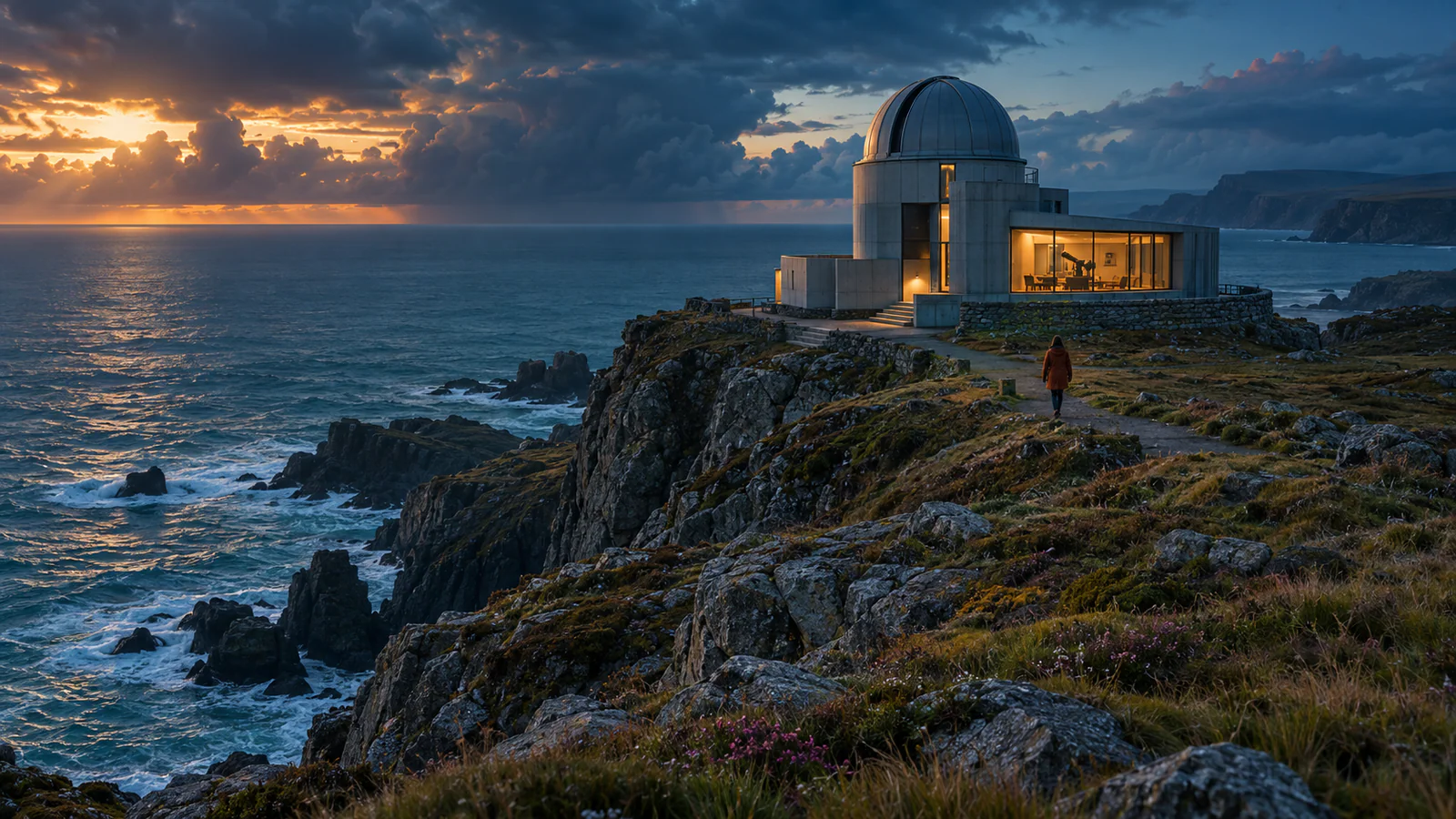 Original fictional film still: a lit observatory on a rocky coastline at dusk.