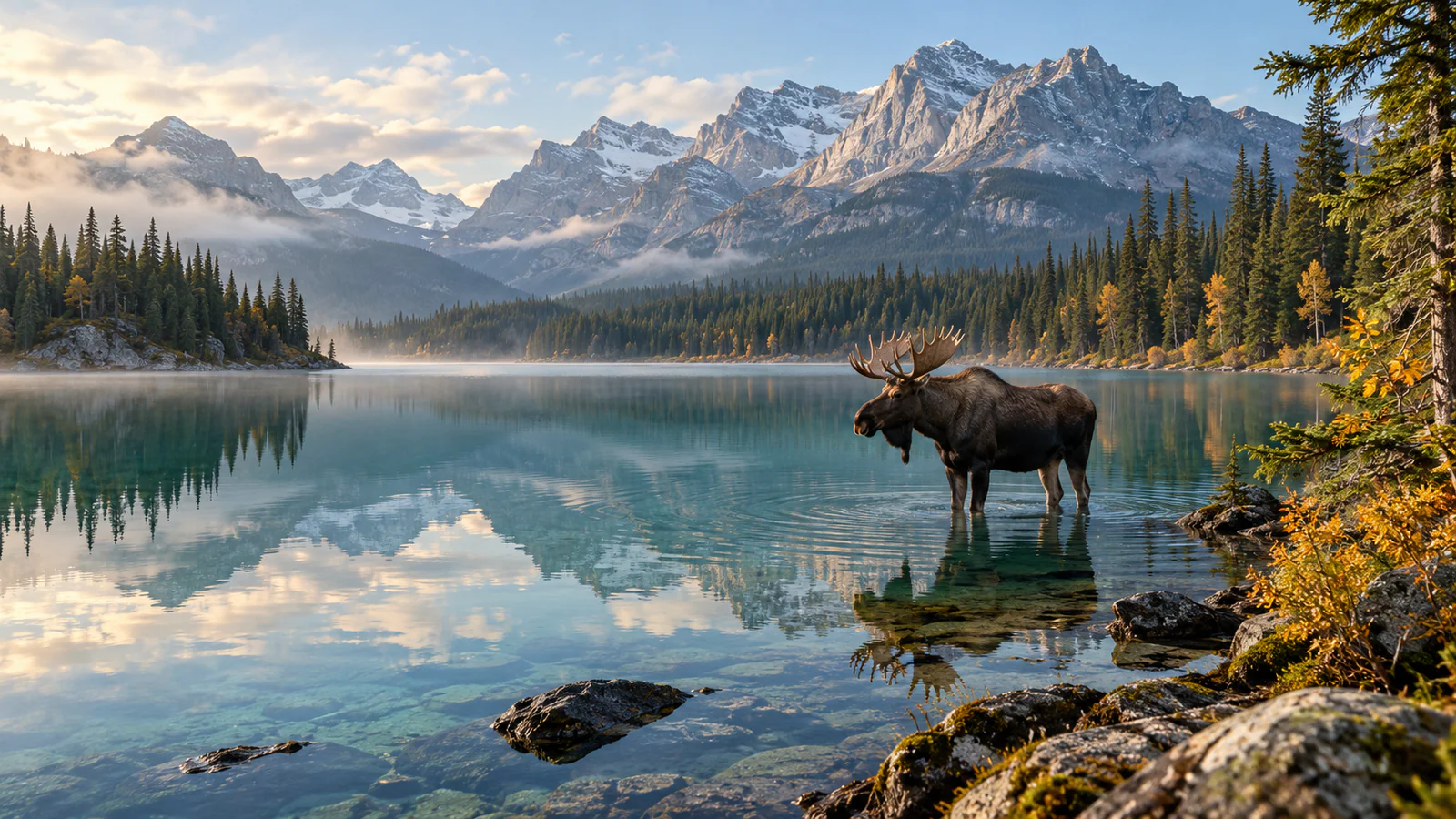 A moose standing in a clear northern lake beneath forested mountains.
