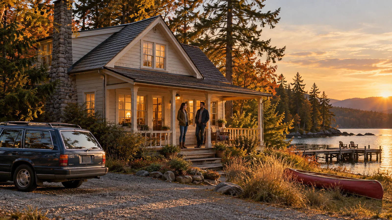 Original fictional series still: two people on the porch of a lakeside house at sunset.