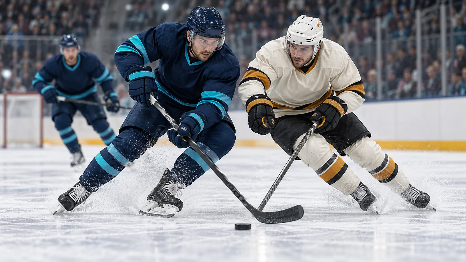 Hockey players in unbranded navy and ivory uniforms battling for the puck.