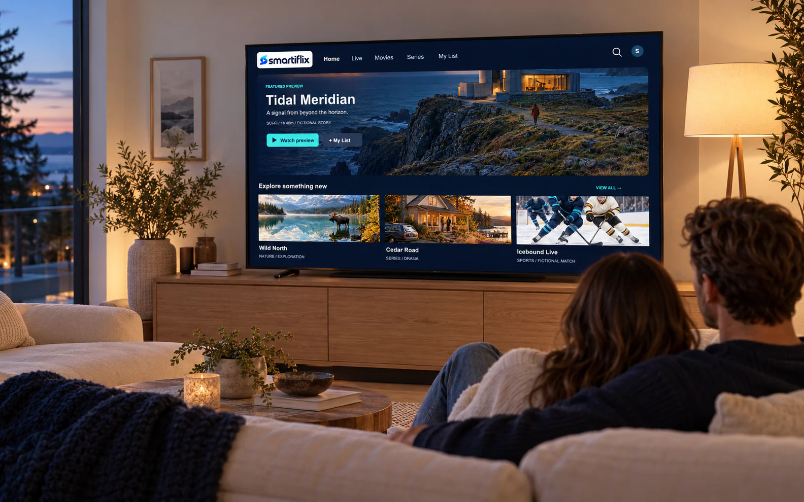A couple relaxing on a sofa in a warm living room, browsing the Smartiflix library on a large wall-mounted TV.
