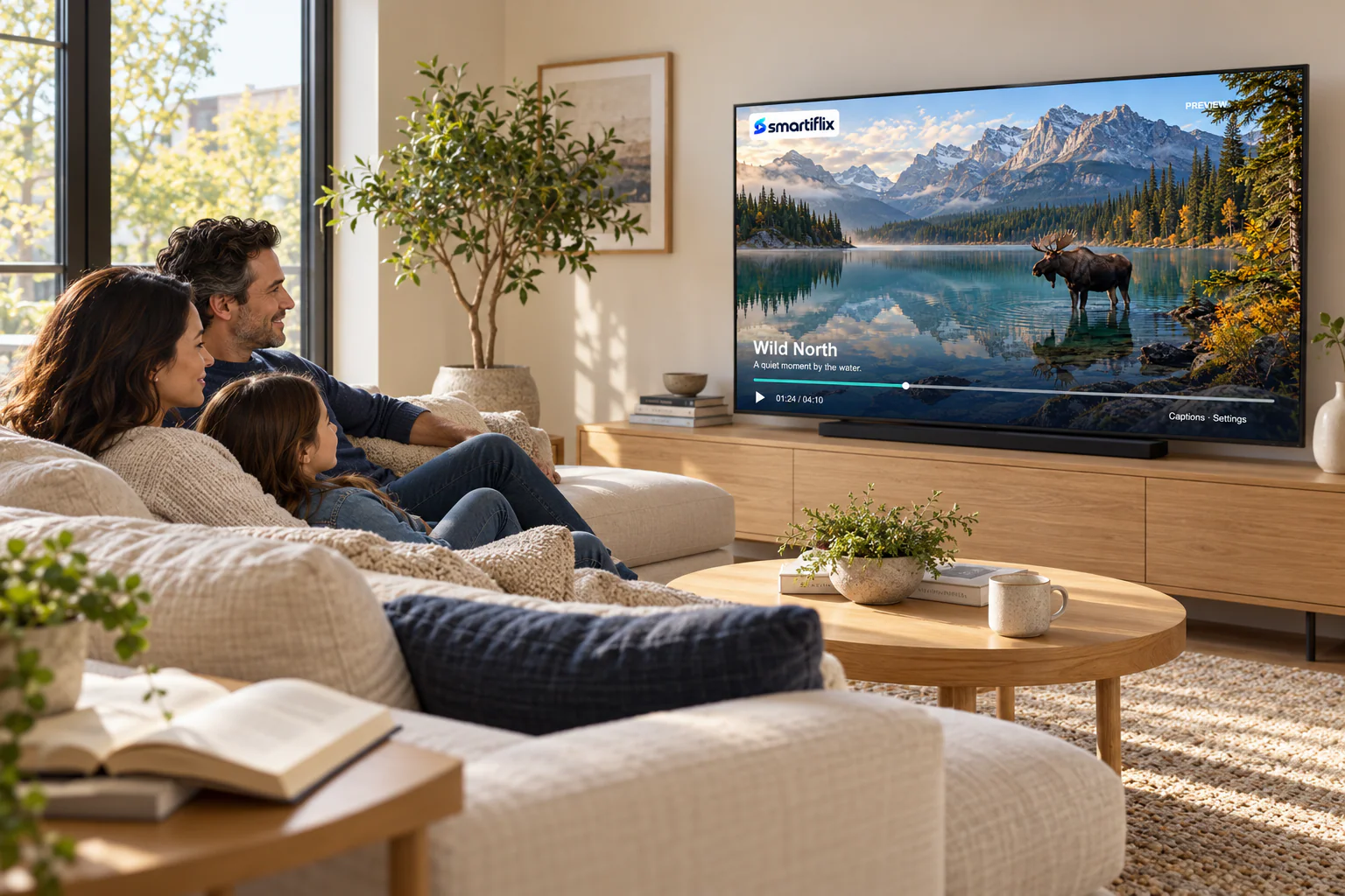 A family watching an original northern nature preview on a Smartiflix television screen.