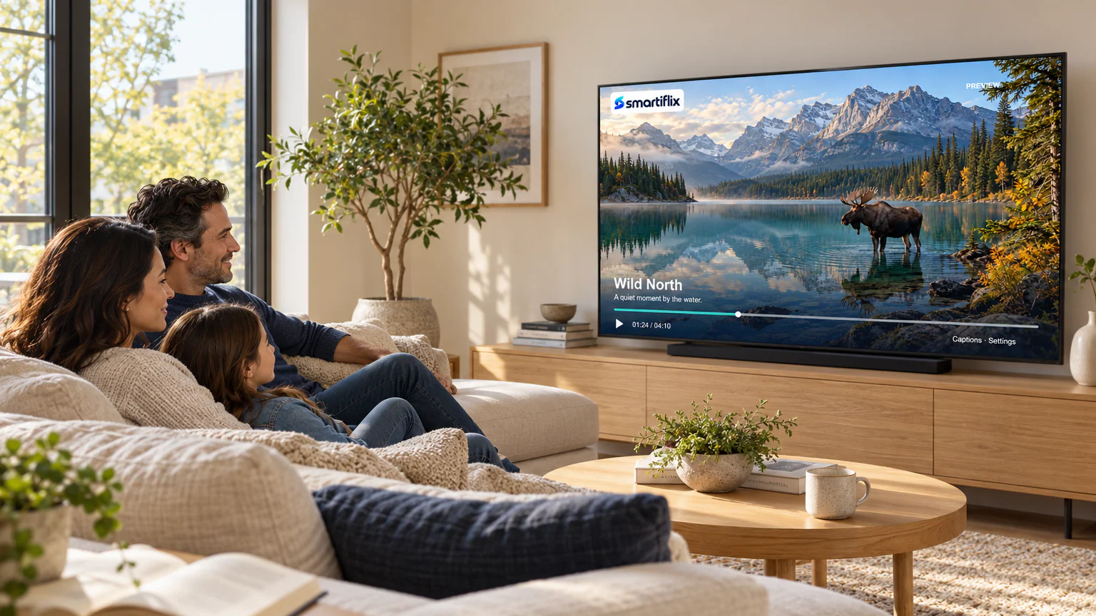 A family enjoying a nature preview together in a sunlit living room.