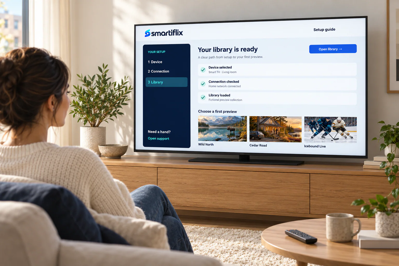 A viewer looking at a completed Smartiflix setup guide on a television.
