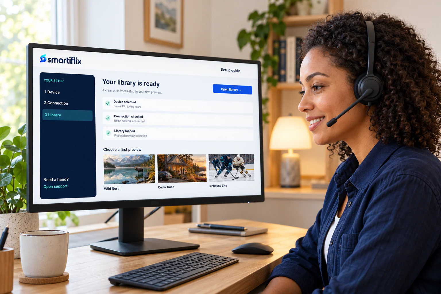 Support specialist with a headset smiling beside a monitor that shows the Smartiflix setup guide.